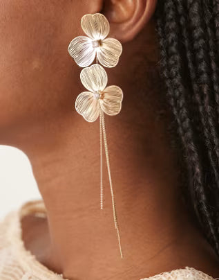 ASOS DESIGN stud wire floral earrings with chain drop tassel in gold tone