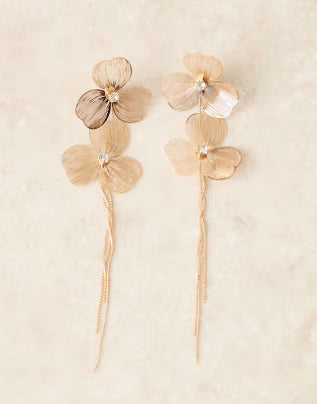ASOS DESIGN stud wire floral earrings with chain drop tassel in gold tone