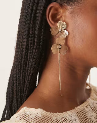 ASOS DESIGN stud wire floral earrings with chain drop tassel in gold tone