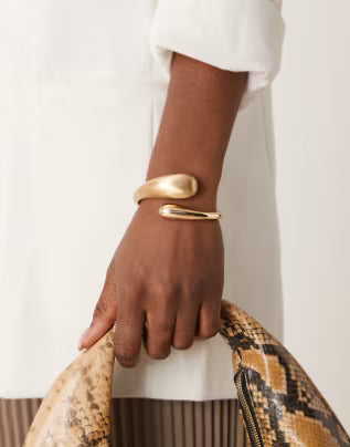 ASOS DESIGN cuff bracelet with wrap around molten detail with shiny and brushed gold tone 3