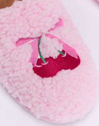 Boux Avenue Cherry and bow embroidered mule slippers soft sliders in candy pink