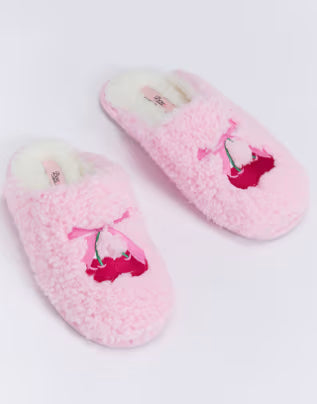 Boux Avenue Cherry and bow embroidered mule slippers soft sliders in candy pink