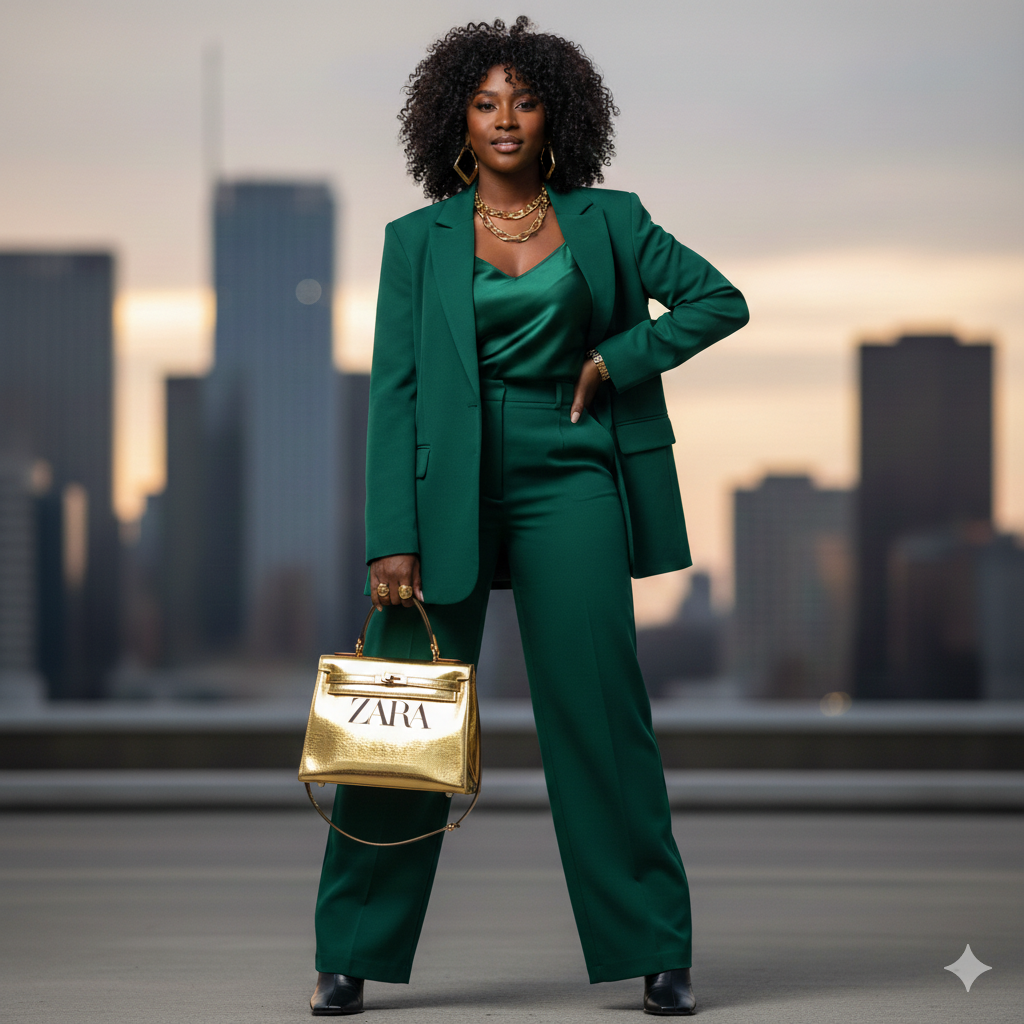 Woman in a green suit holding a gold Zara handbag against a cityscape background